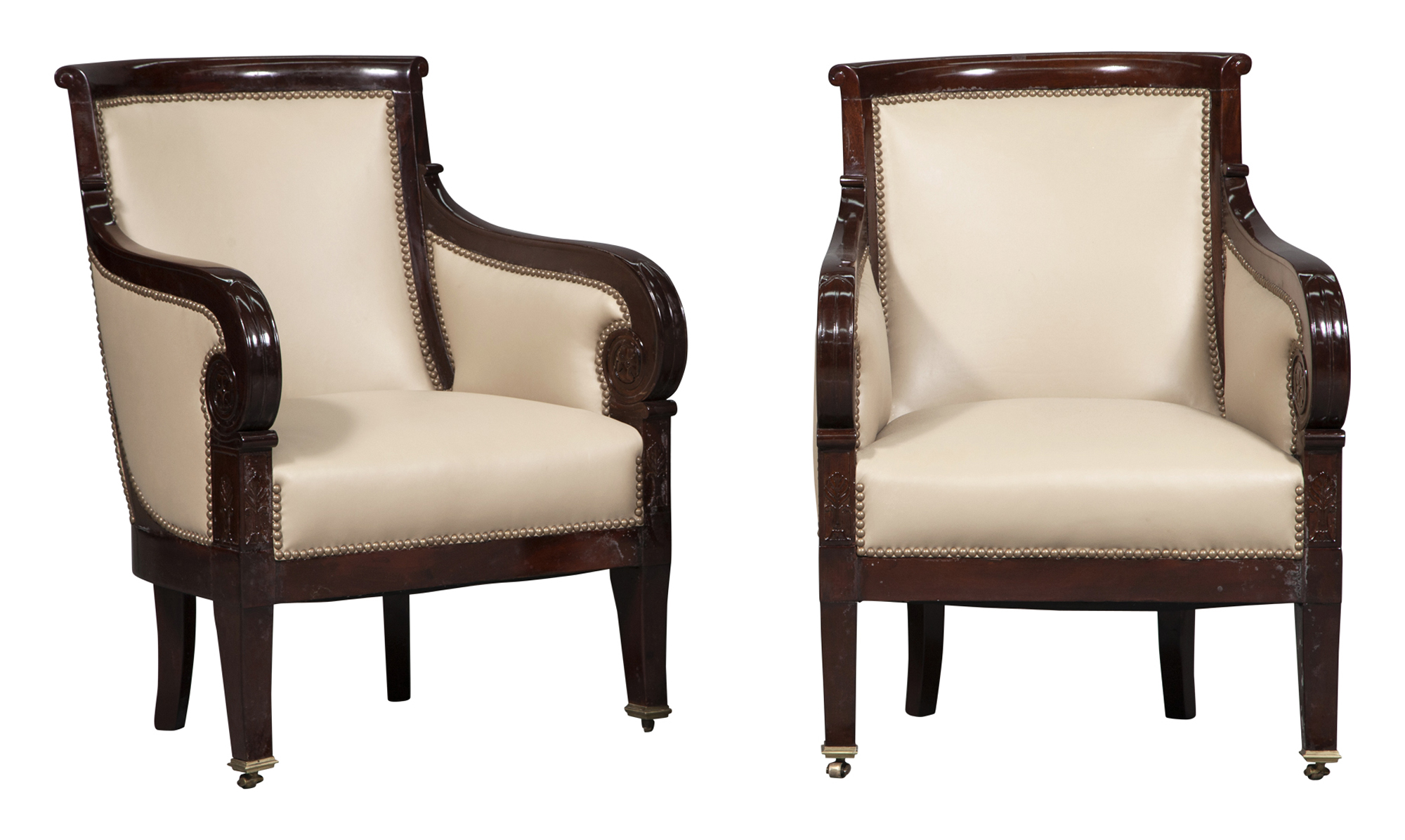 Lot image - Pair of Restauration Style Upholstered Mahogany Bergeres