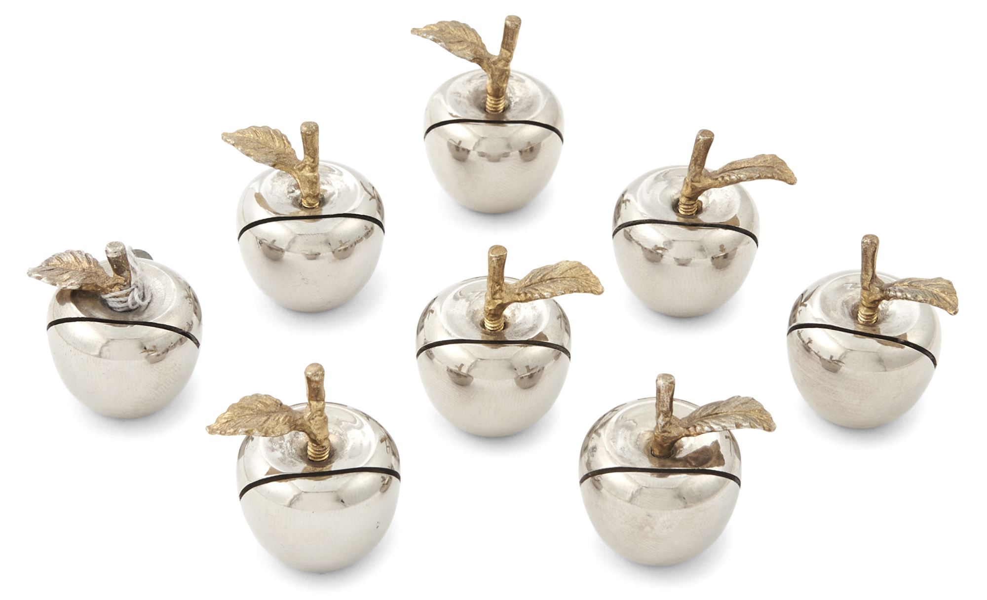 Lot image - Set of Eight Novelty Silver Plate and Parcel-Gilt Metal Apple Form Place Card Holders