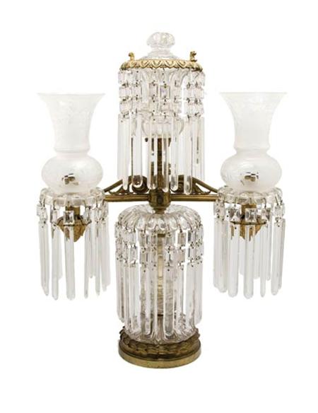 Lot image - Regency Gilt-Bronze and Cut-Glass Two-Light Girandole Argand Lamp