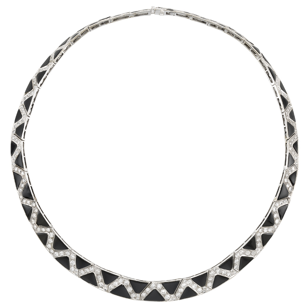 Lot image - Platinum, Black Onyx and Diamond Collar Necklace