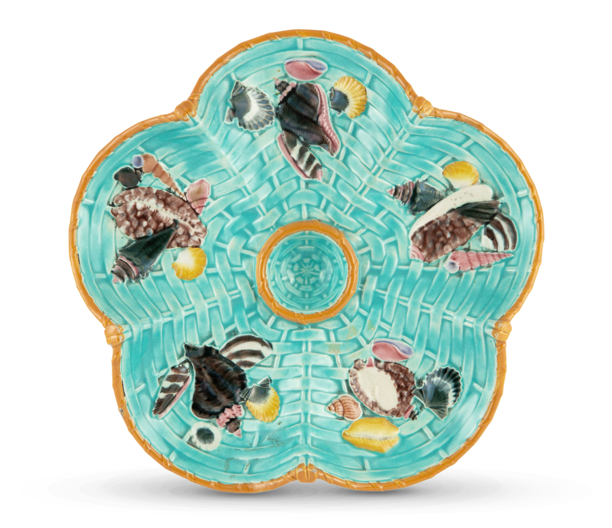 Lot image - Josiah Wedgwood & Sons Majolica Turquoise-Ground Ocean Basketweave Five-Pocket Oyster Plate