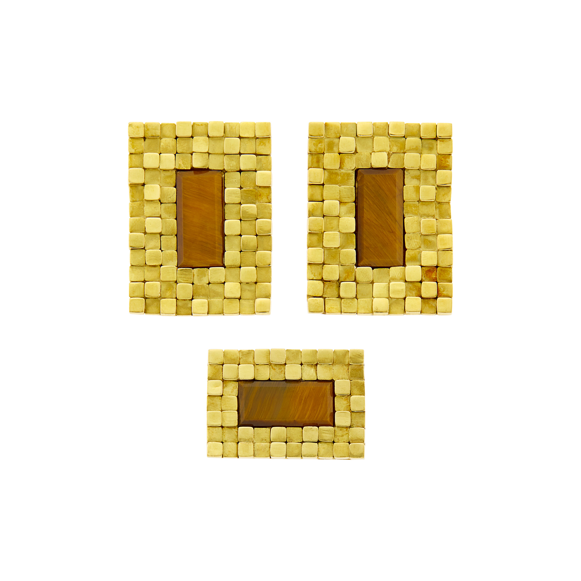 Lot image - Pair of Gold and Tigers Eye Earrings and Ring