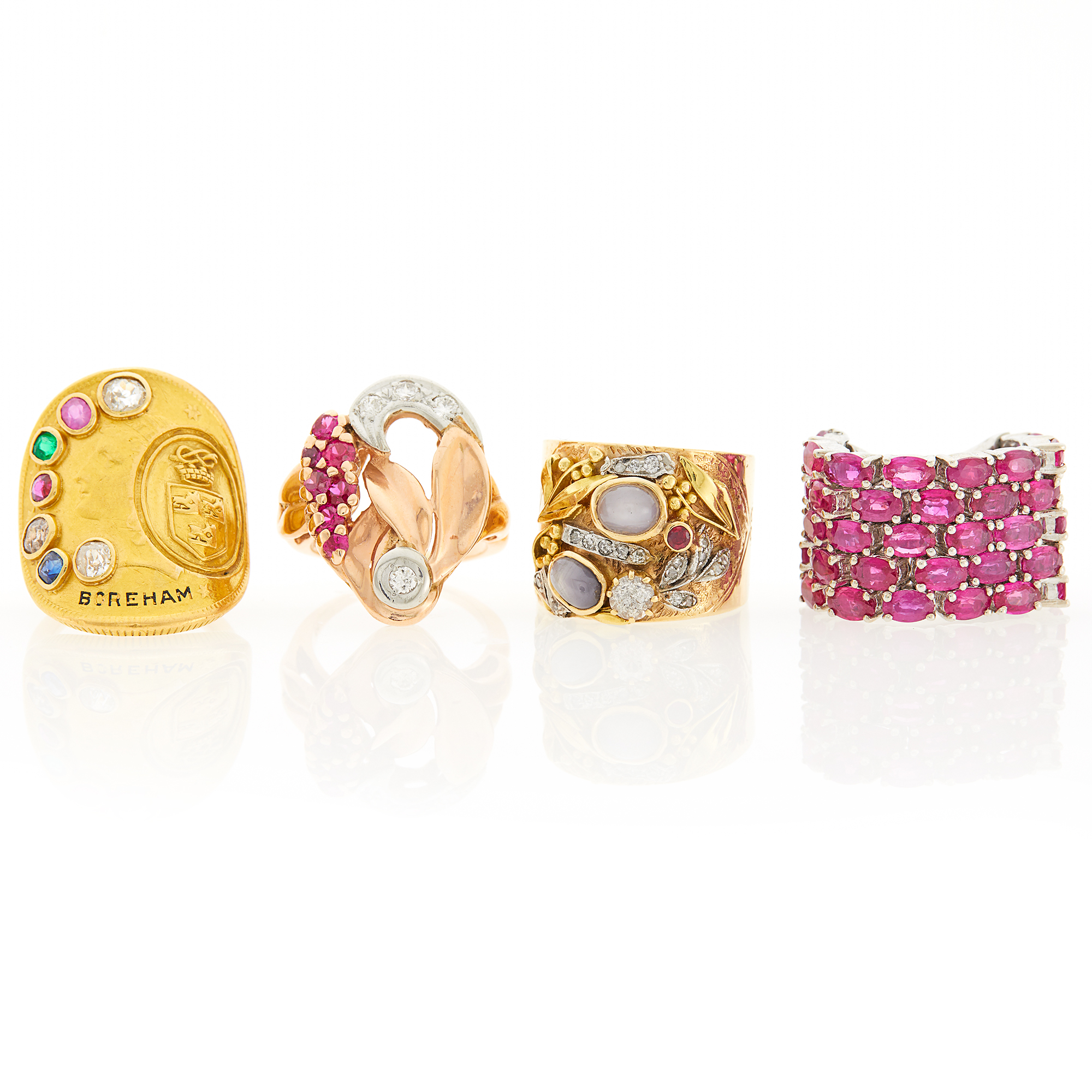 Lot image - Four Tricolor Gold, Colored Stone and Diamond Rings