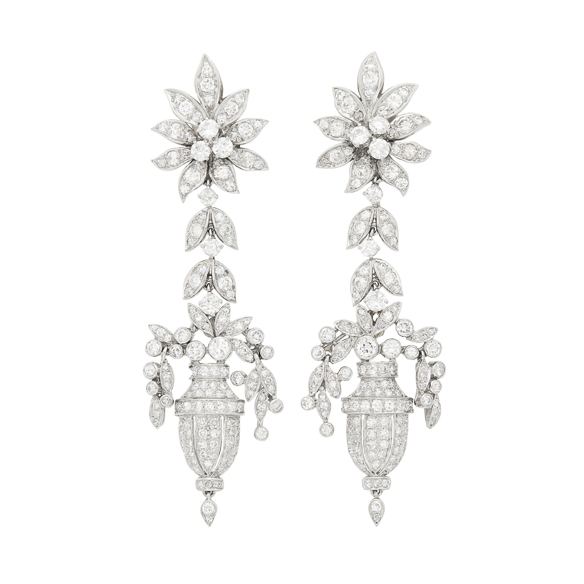 Lot image - Pair of Platinum and Diamond Pendant-Earrings