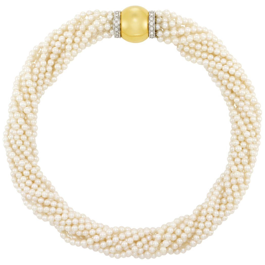 Lot image - Eleven Strand Cultured Pearl Torsade Necklace with Two-Color Gold and Diamond Clasp
