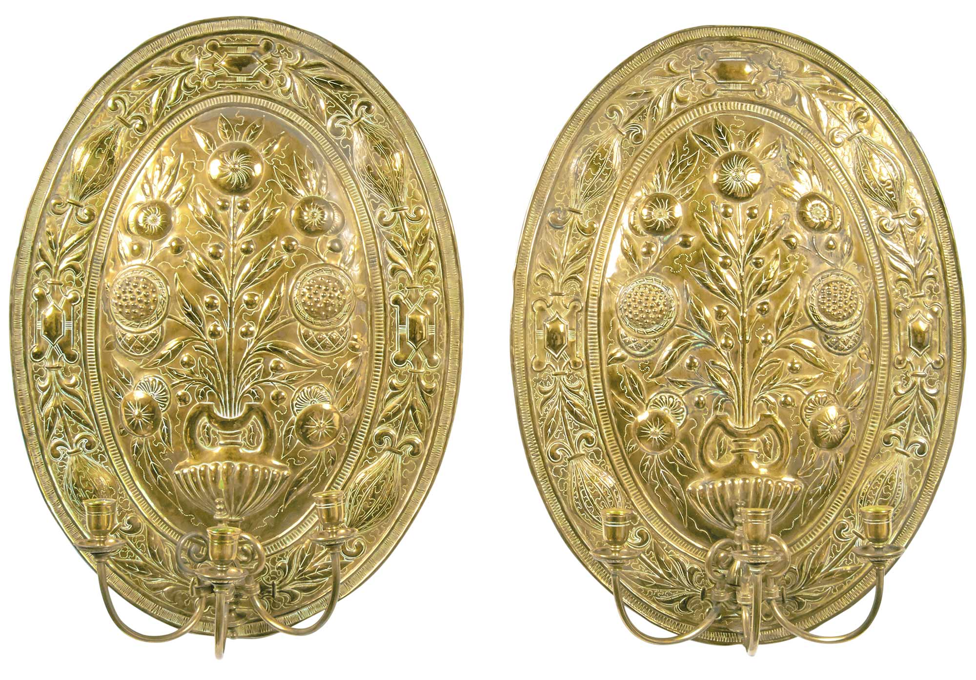 Lot image - Pair of Brass Repoussé Three-Light Wall Lights