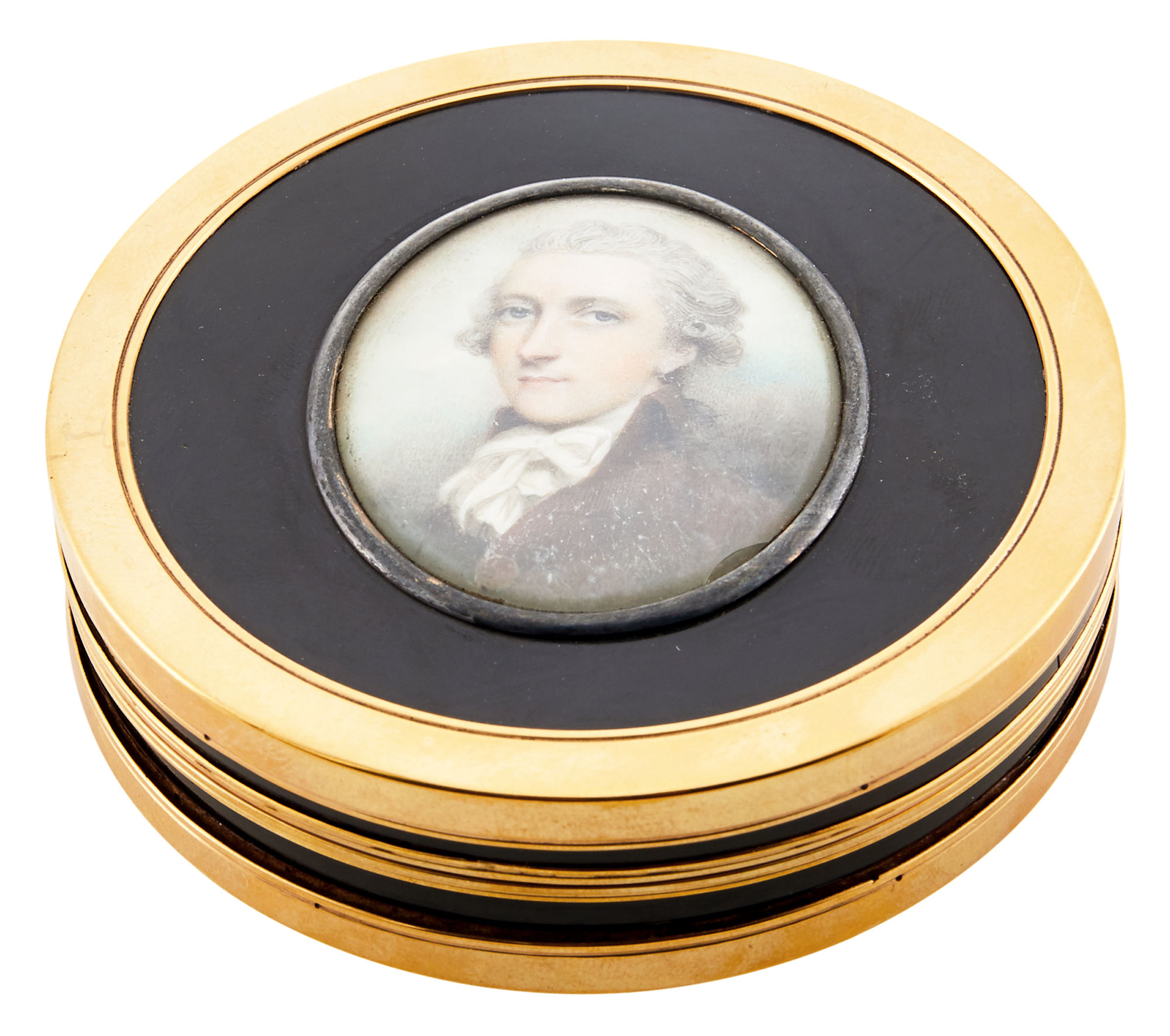 Lot image - Continental 14 Kt Gold Mounted Circular Patch Box with Portrait Miniature