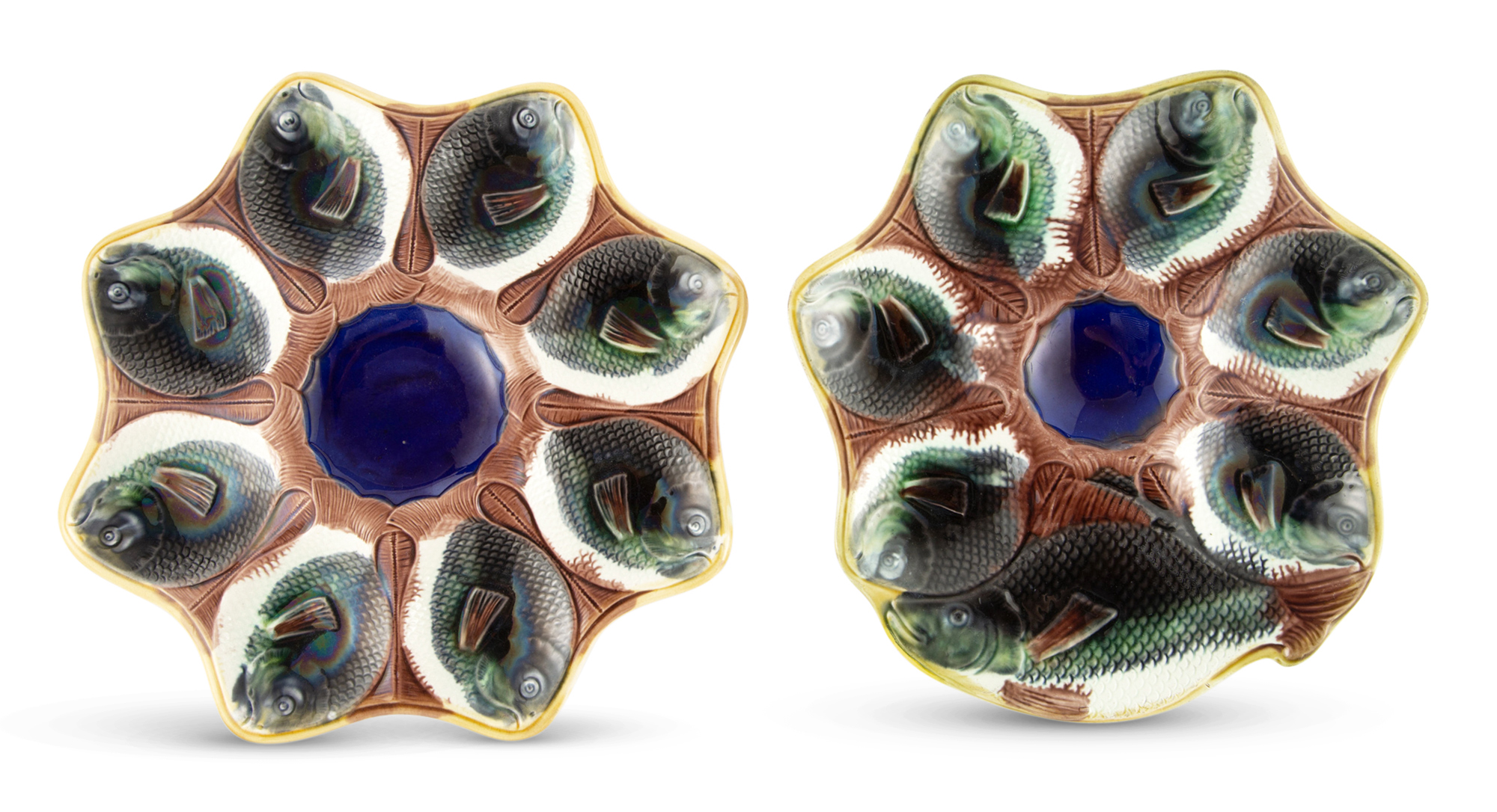 Lot image - English Majolica Fish Six-Pocket with Cracker Well Oyster Plate