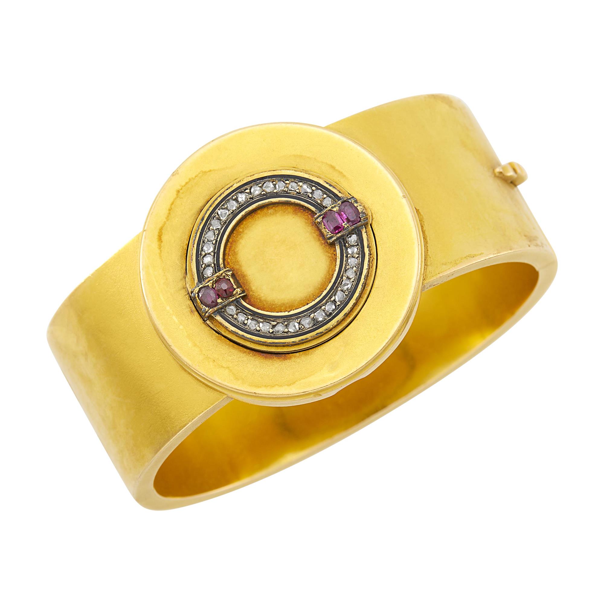 Lot image - Antique Gold, Diamond and Ruby Locket Cuff Bangle Bracelet