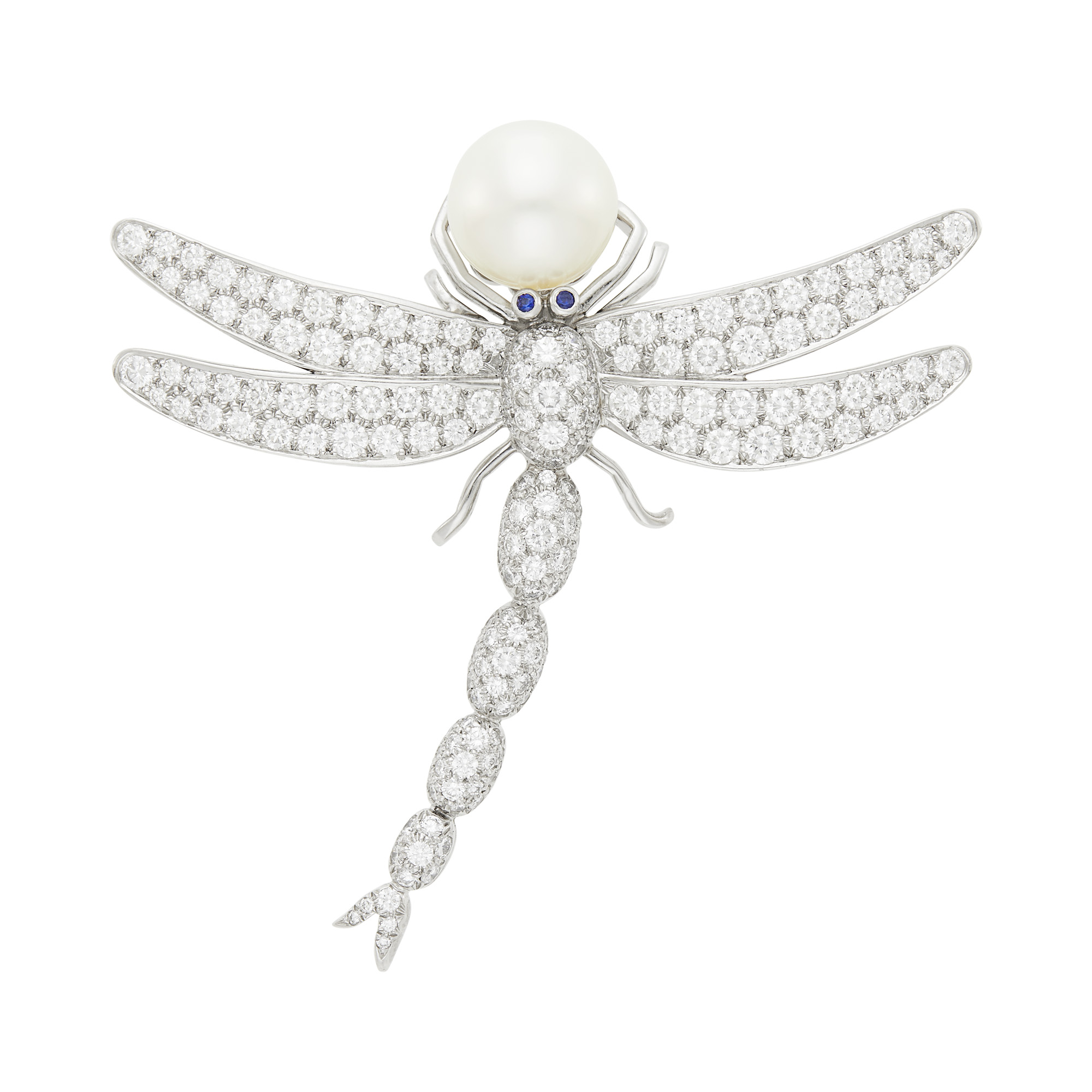 Lot image - Tiffany & Co. Platinum, Diamond, South Sea Cultured Pearl and Sapphire Dragonfly Brooch