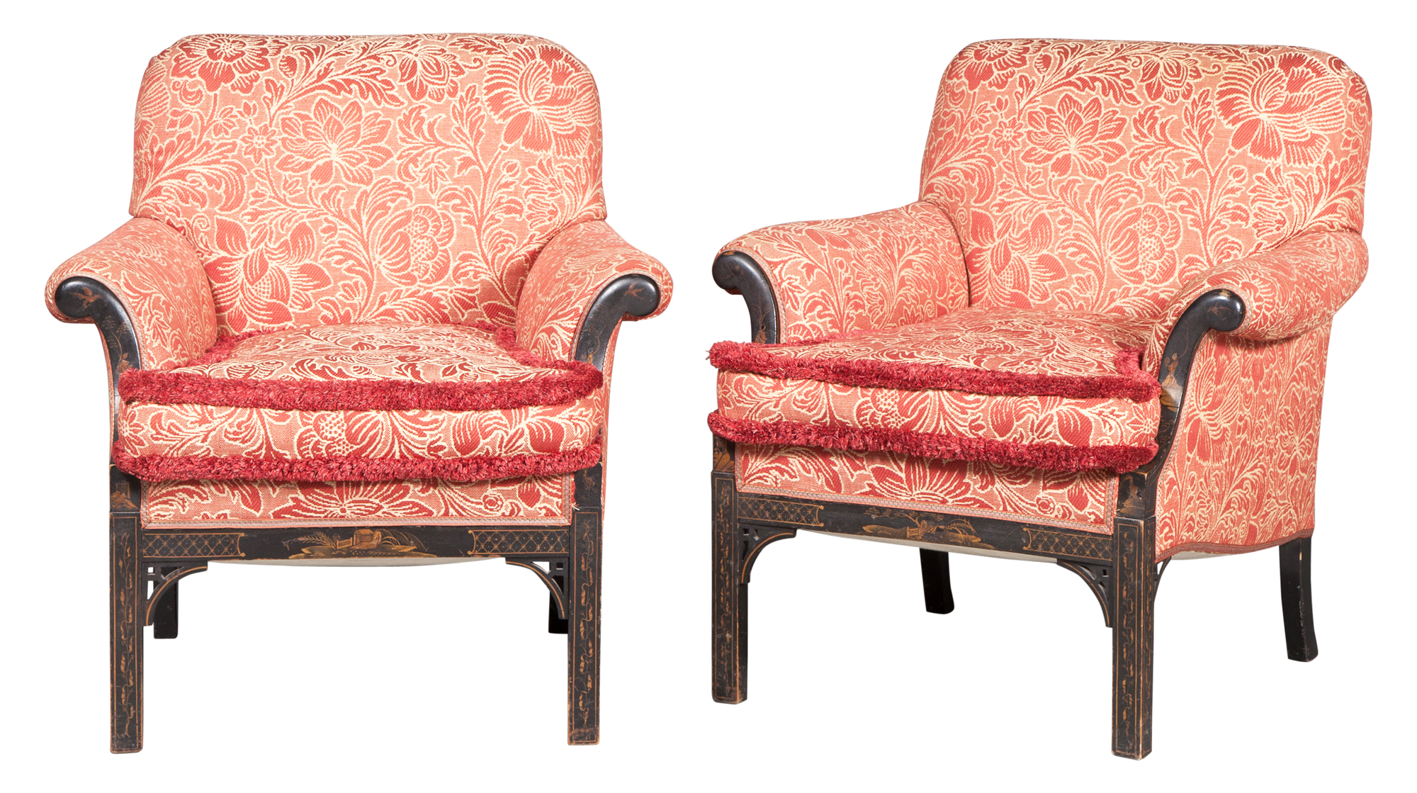 Lot image - Pair of George III Style Chinoiserie Decorated Upholstered Armchairs