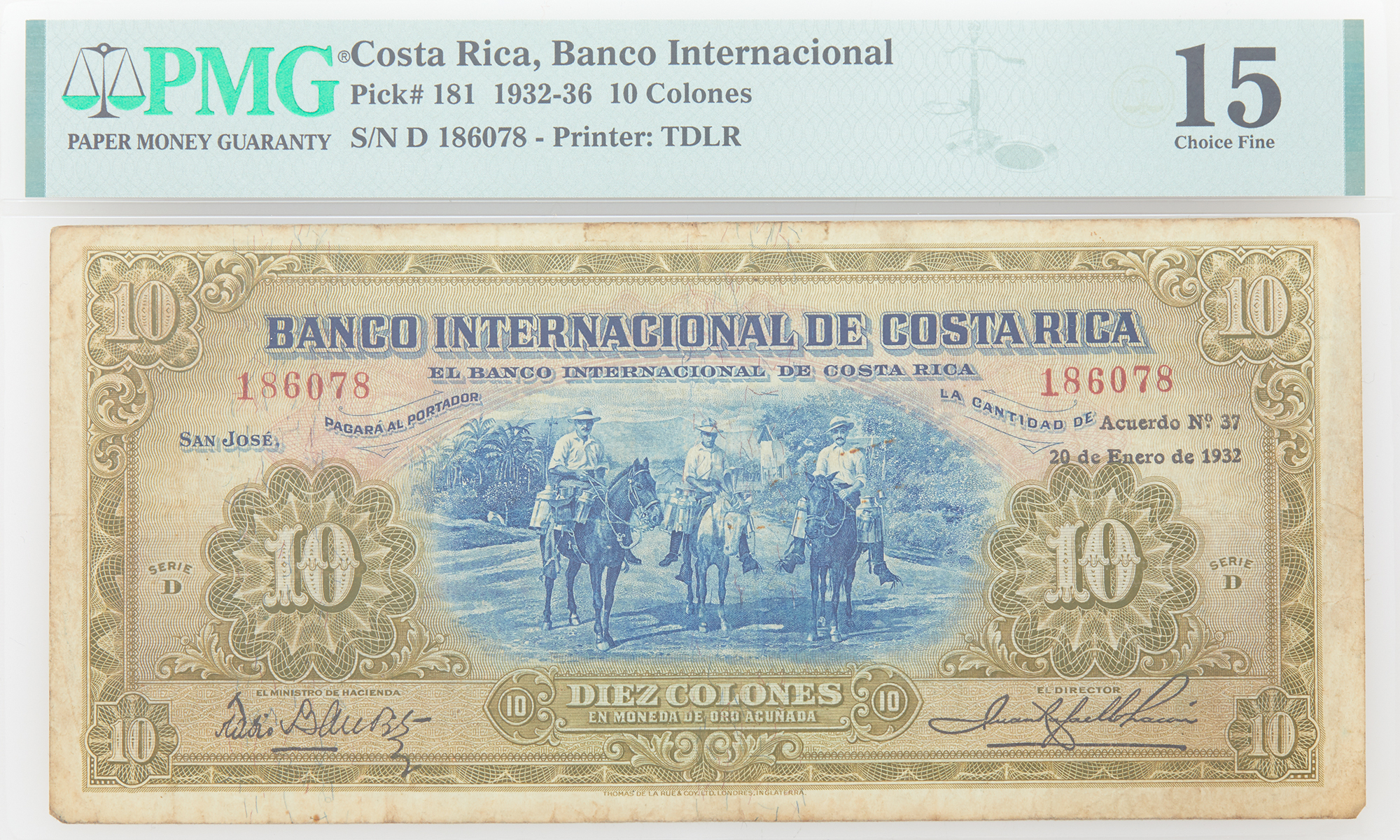 Lot image - Costa Rica 932 -36 Diez Colones Pick# 181 PMG 15