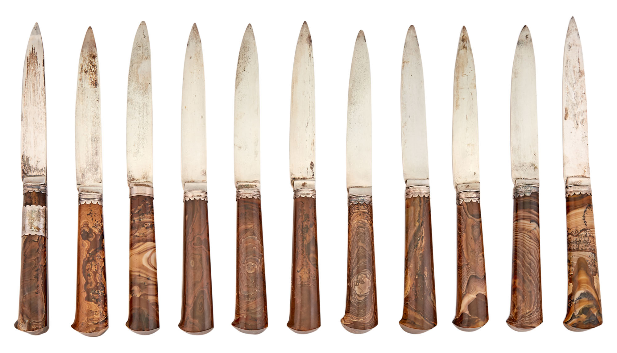 Lot image - Set of Eleven Silver Moss Agate Handle Dessert Knives