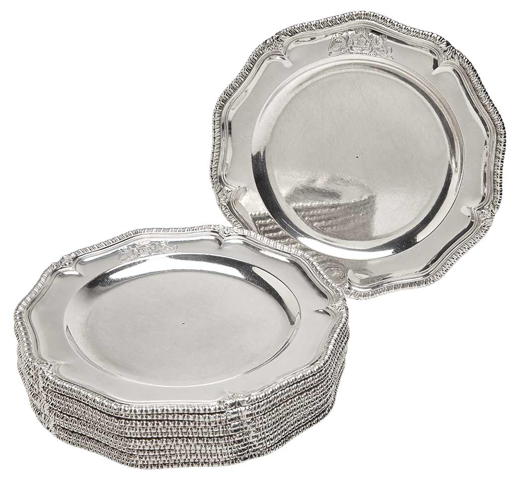 Lot image - Set of Twelve George II Sterling Silver Dinner Plates From The Thanet Service