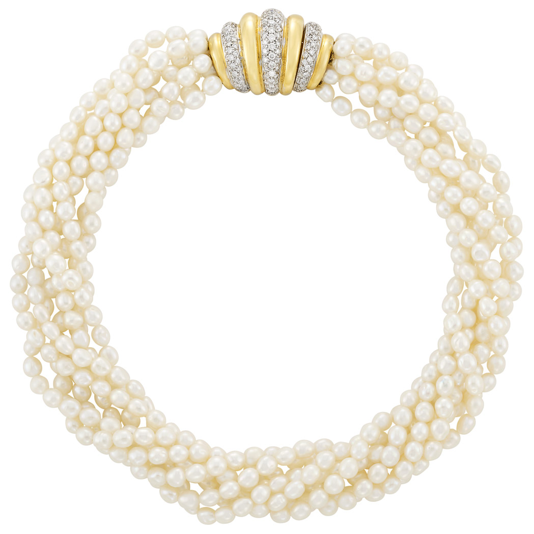 Lot image - Seven Strand Freshwater Pearl Torsade Necklace with Two-Color Gold and Diamond Clasp