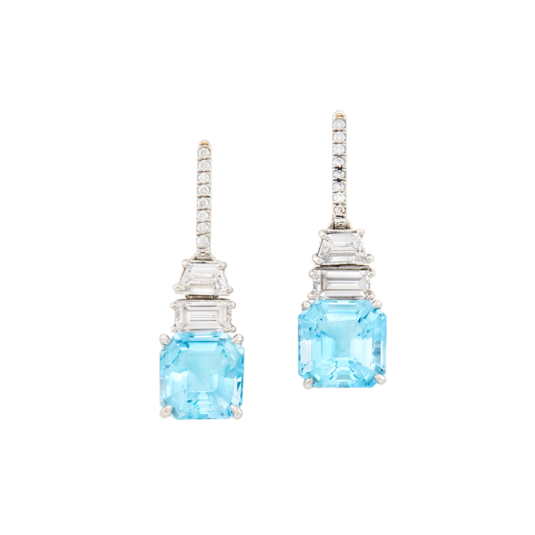 Lot image - Pair of Platinum, White Gold, Aquamarine and Diamond Pendant-Earrings, Tiffany & Co.
