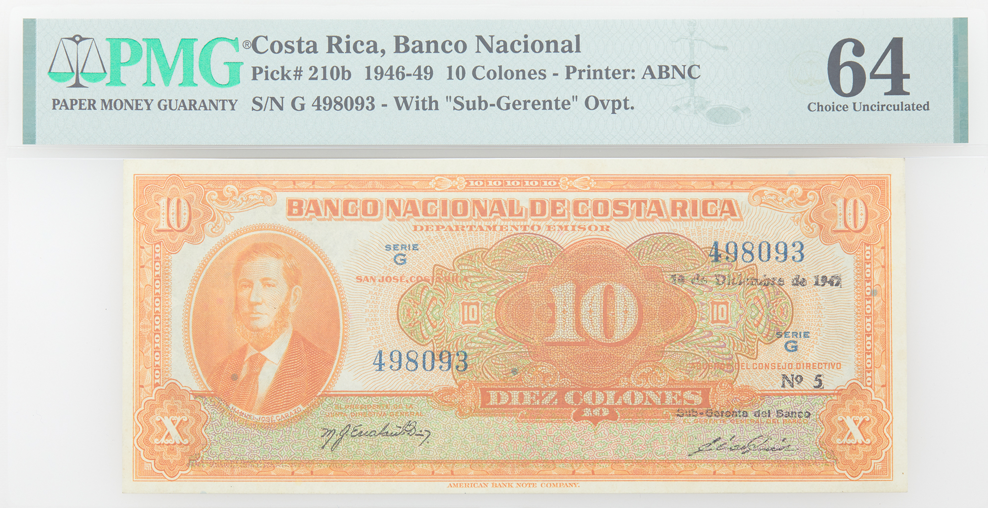 Lot image - Costa Rica 1946-49 Diez Colones Pick# 210b, PMG64