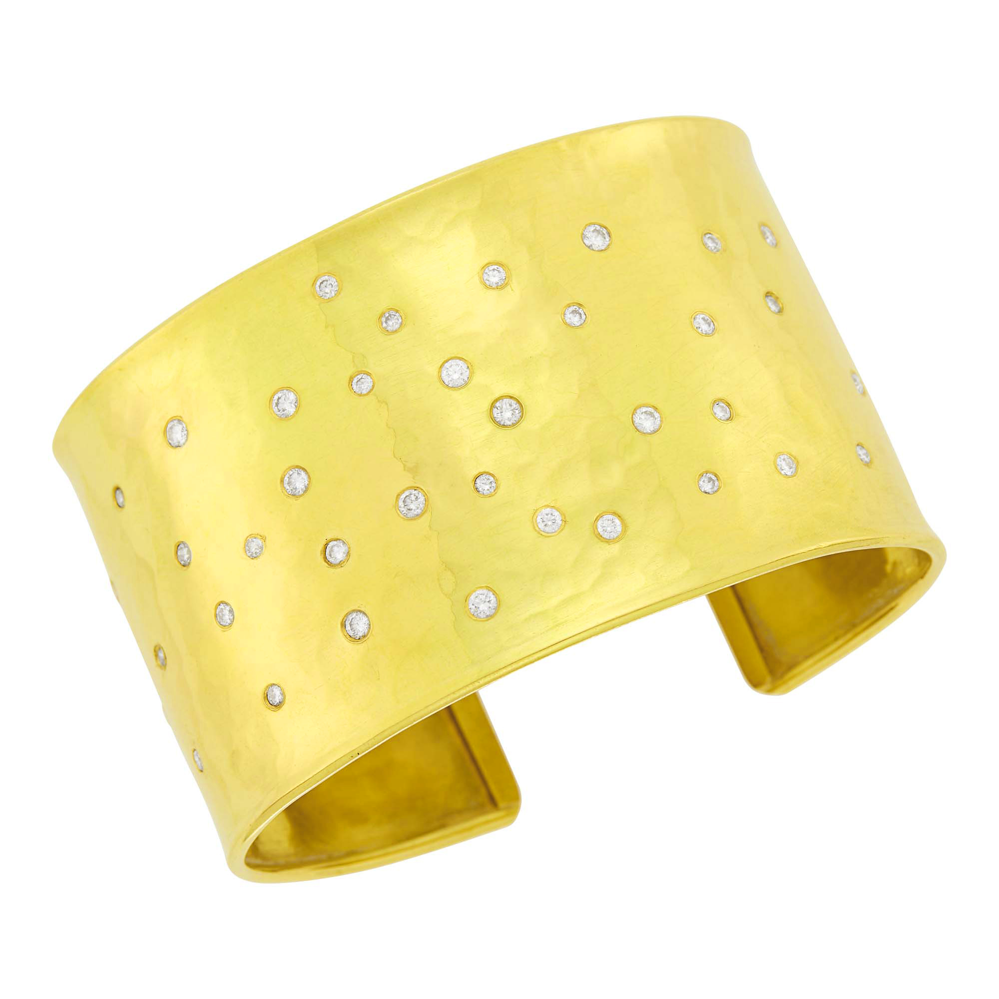 Lot image - Hammered Gold and Diamond Cuff Bangle Bracelet