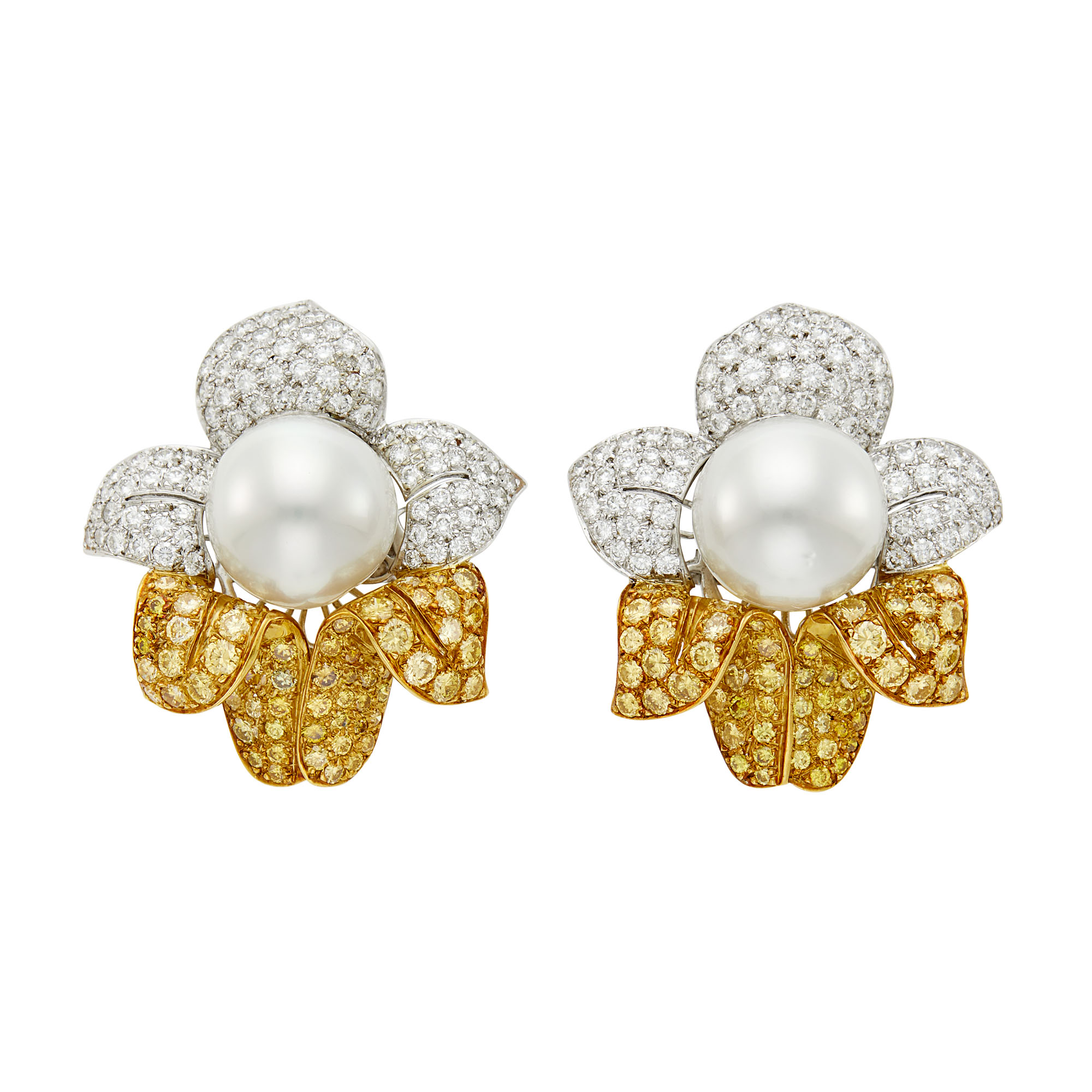 Lot image - Pair of Two-Color Gold, Freshwater Pearl, Colored Diamond and Diamond Flower Earclips