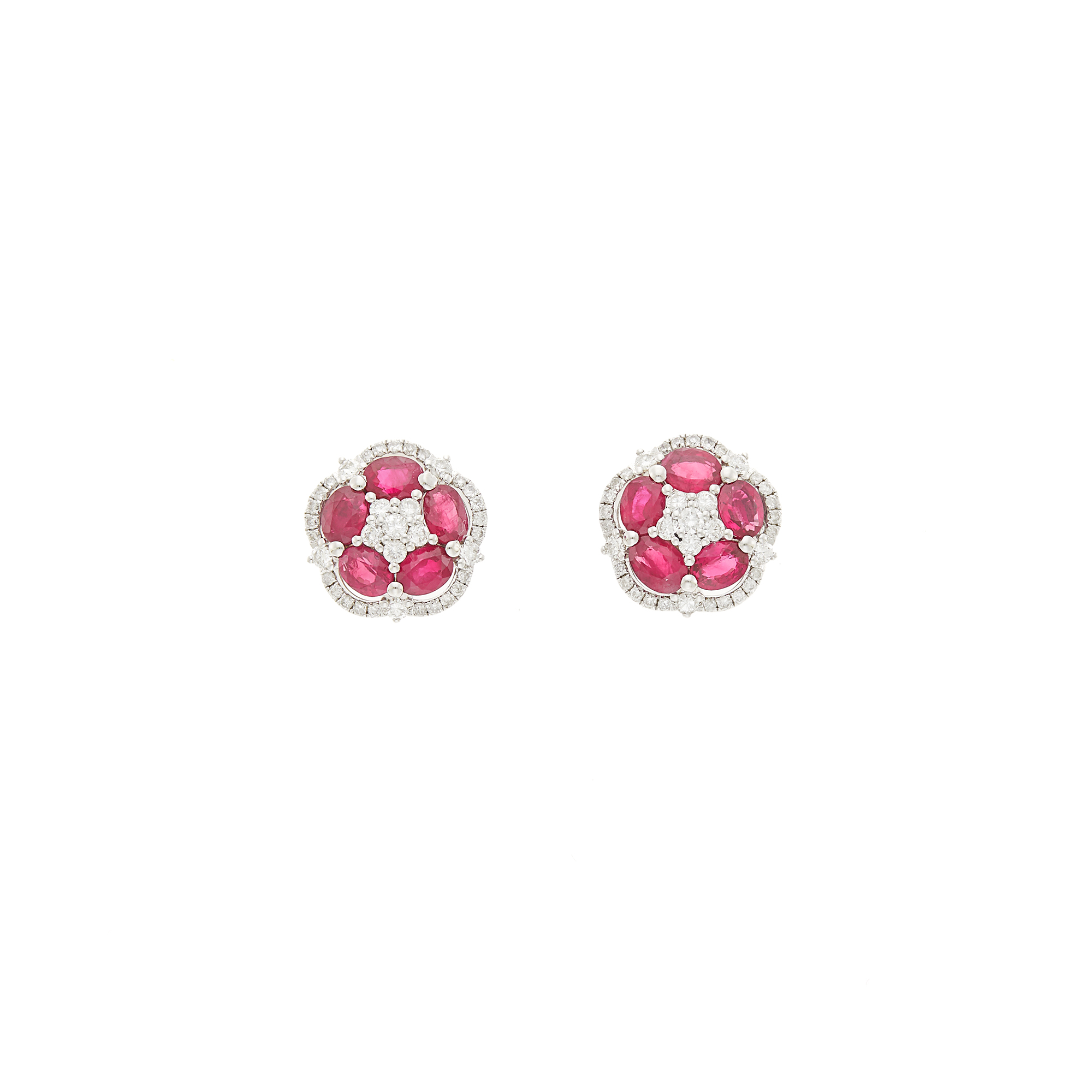 Lot image - Pair of White Gold, Ruby and Diamond Floret Earrings