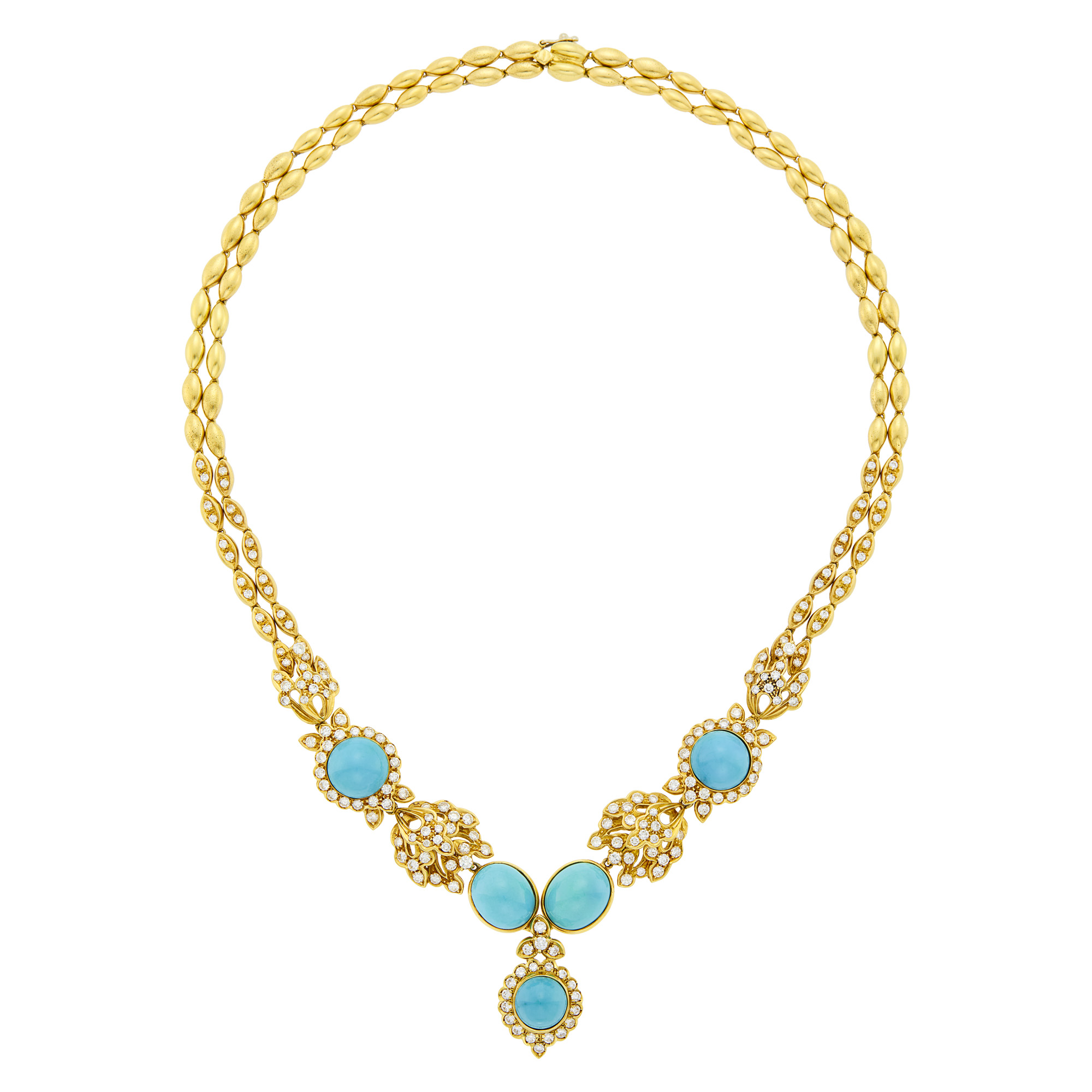 Lot image - Double Strand Gold, Turquoise and Diamond Necklace
