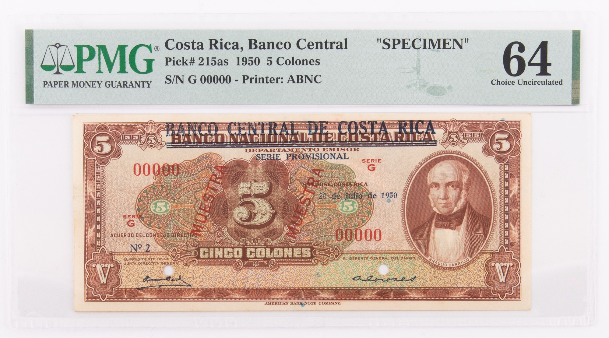 Lot image - Costa Rica, Banco Central 1950 Cinco Colones Specimen Note Pick# 215s PMG 64