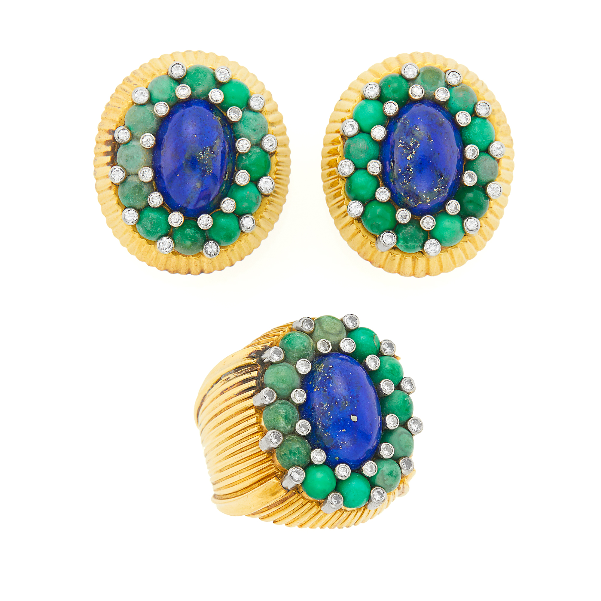 Lot image - Pair of Gold, Lapis, Turquoise and Diamond Earclips and Ring