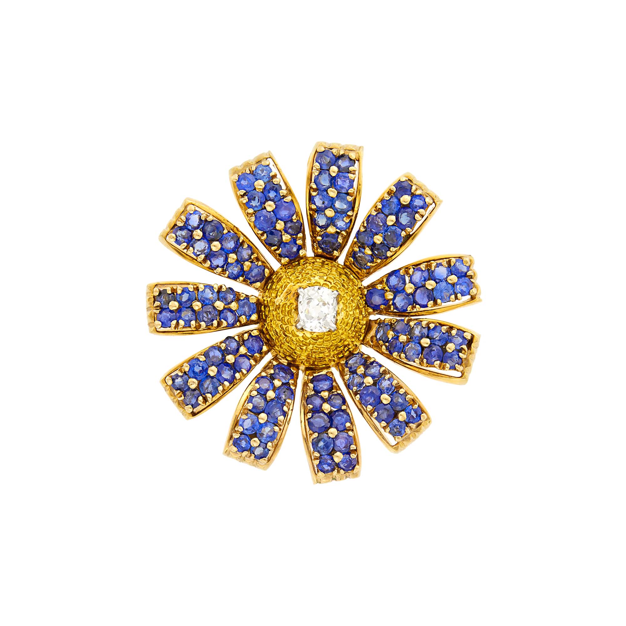 Lot image - Gold, Diamond and Sapphire Flower Clip-Brooch