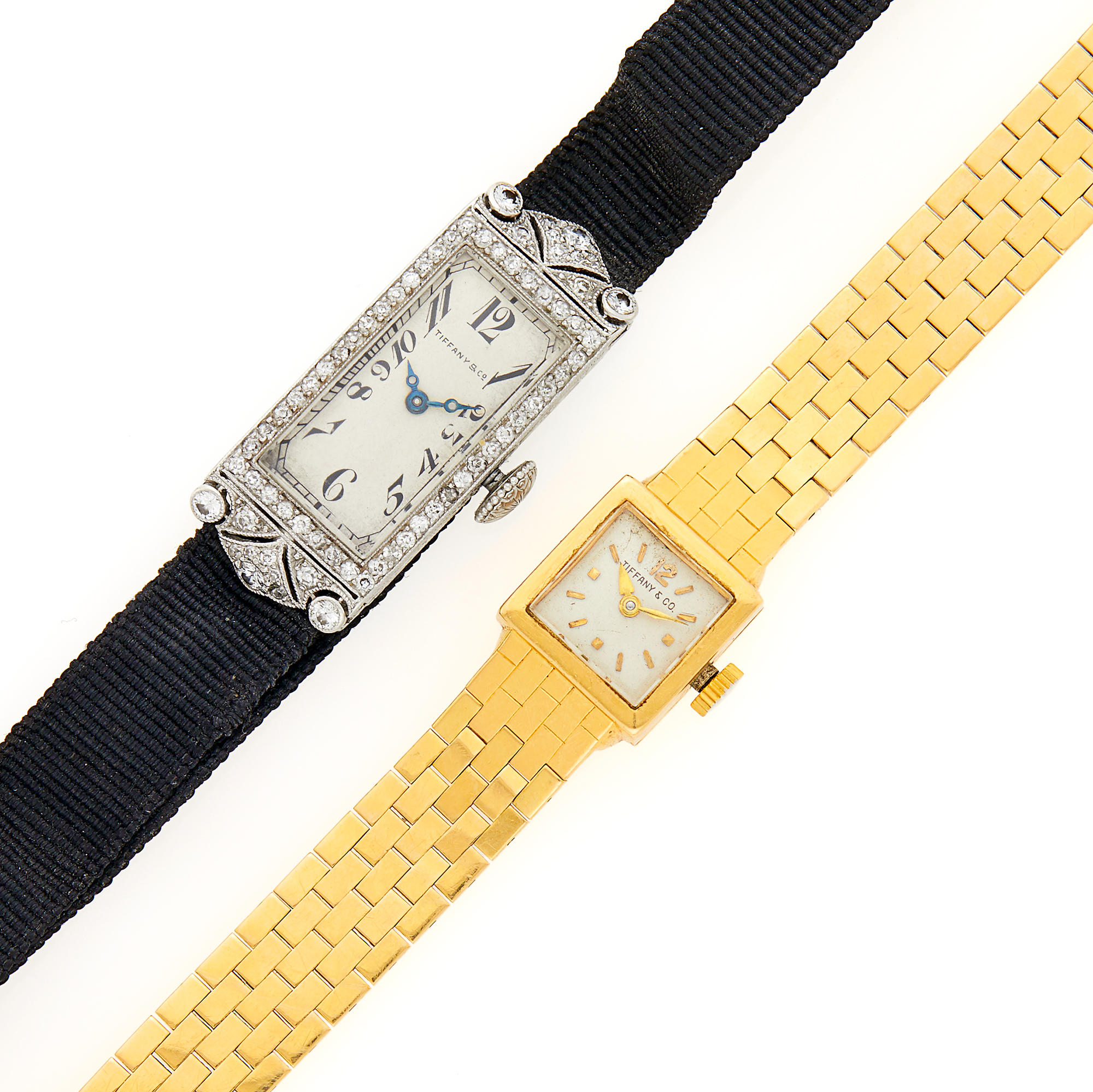 Lot image - Tiffany & Co. Gold Wristwatch and Platinum and Diamond Wristwatch