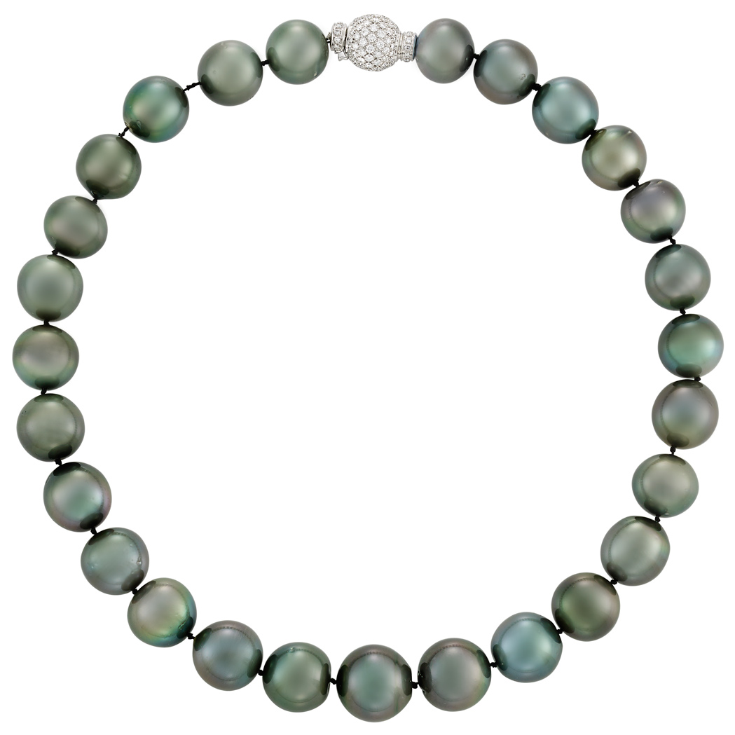 Lot image - Tahitian Black Cultured Pearl Necklace with White Gold and Diamond Ball Clasp