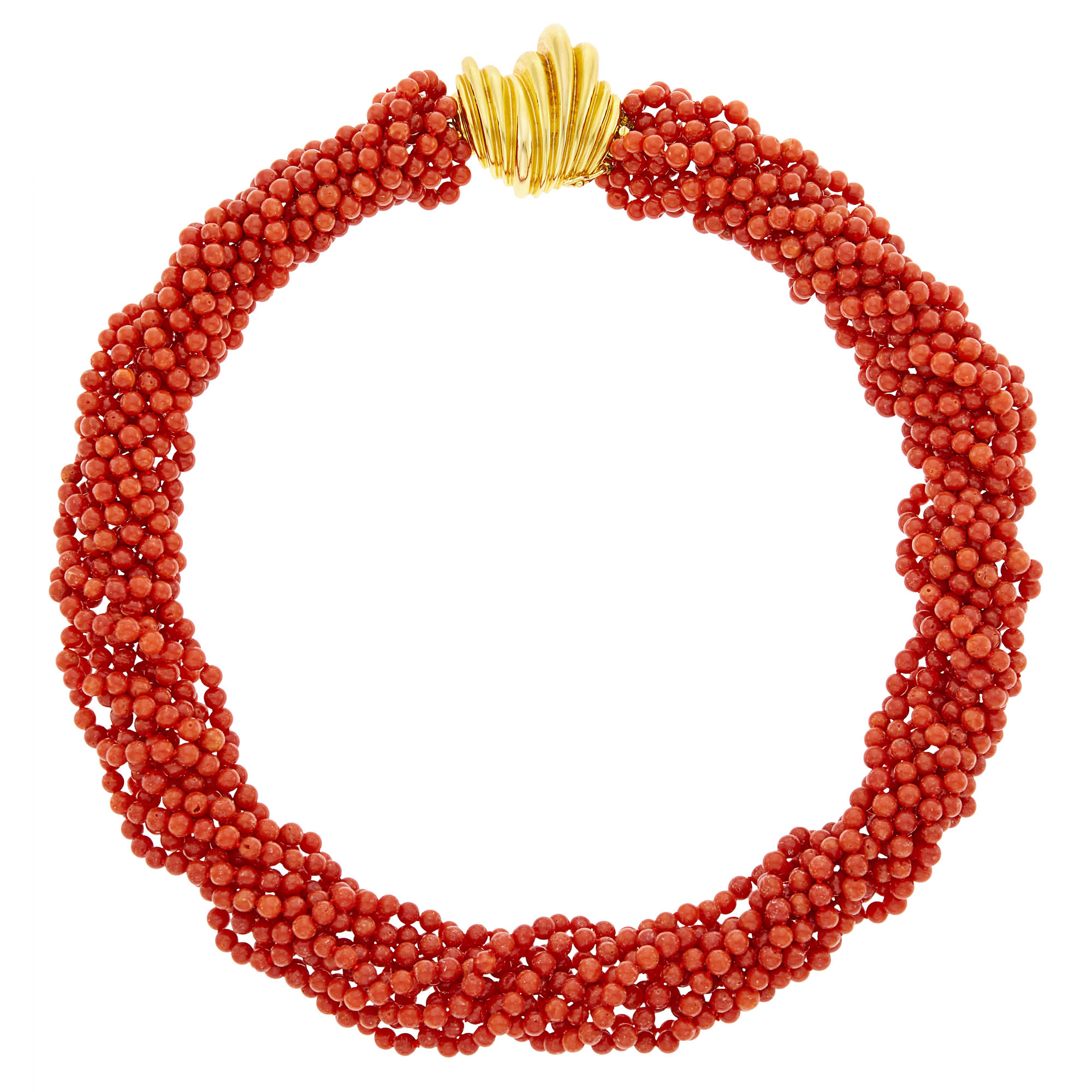 Lot image - Long Eleven Strand Coral Bead Torsade Necklace with Gold Clasp