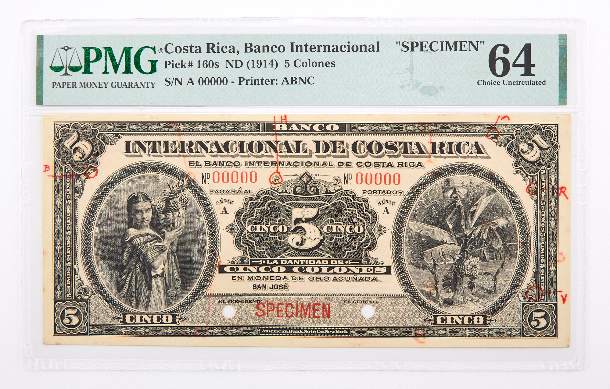 Lot image - Costa Rica, Banco Internacional ND (1914) Cinco Colones Specimen Note Pick# 160s PMG 64