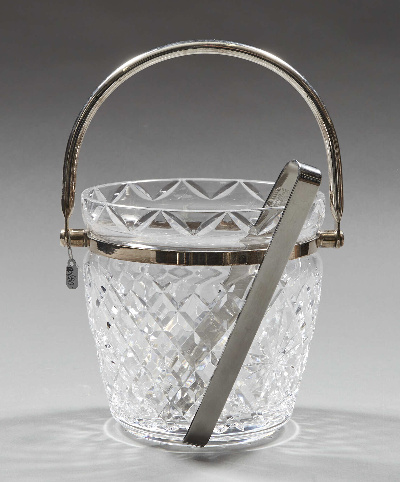 Lot image - Silver Plate Mounted Glass Ice Pail and Tongs