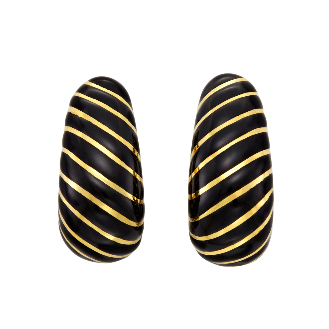 Lot image - Pair of Gold and Black Enamel Hoop Earclips, David Webb