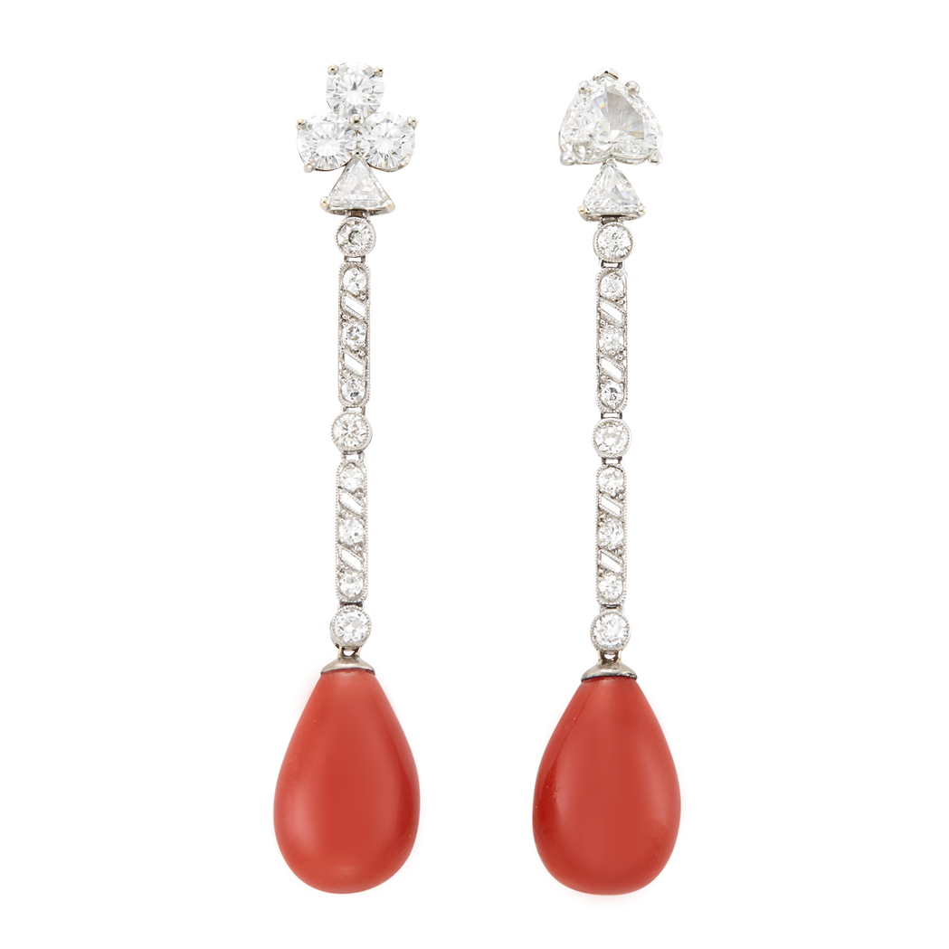 Lot image - Pair of Platinum, White Gold, Coral and Diamond Pendant-Earrings