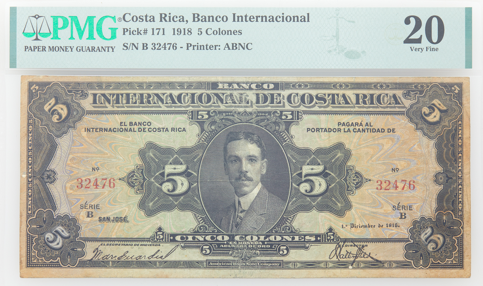 Lot image - Costa Rica, Series B Provisional 1918 Cinco Colones Pick# 171 PMG 20