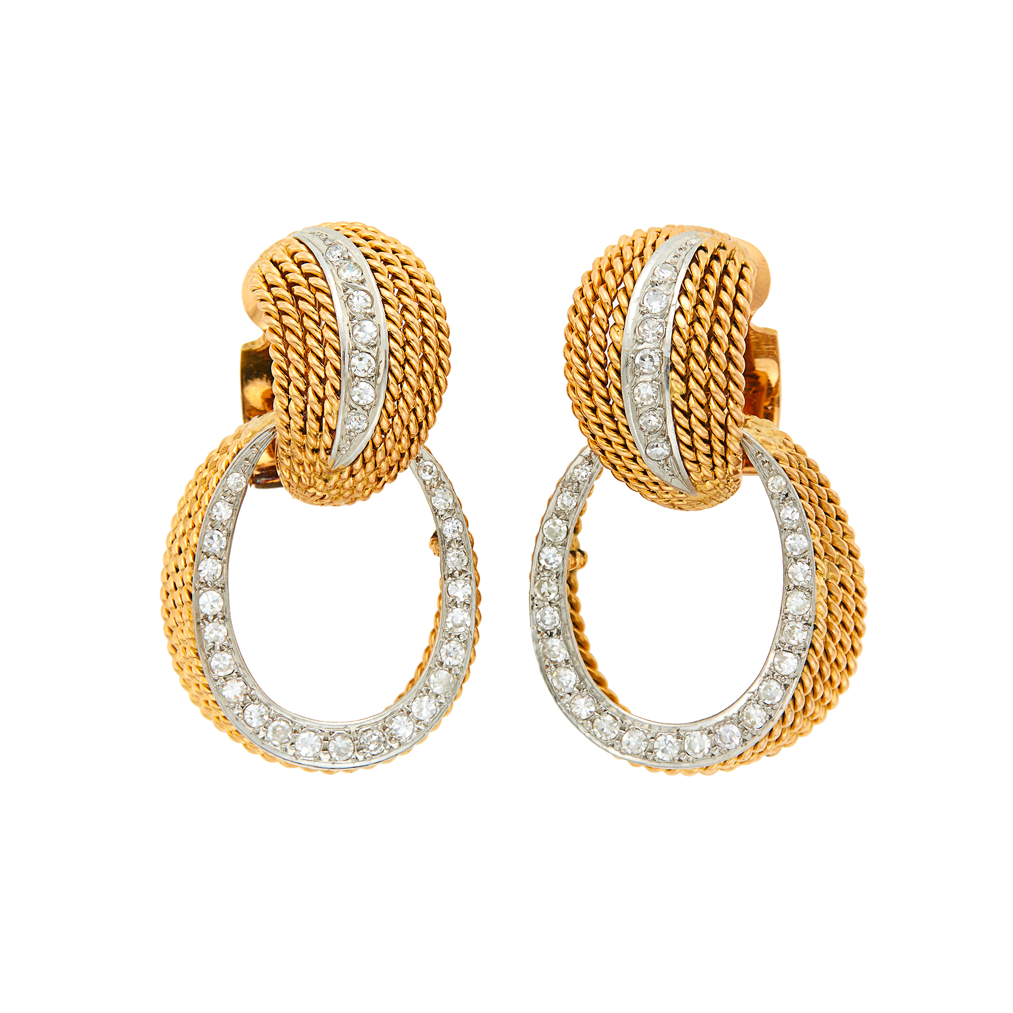 Lot image - Pair of Two-Color Gold and Diamond Pendant-Earclips