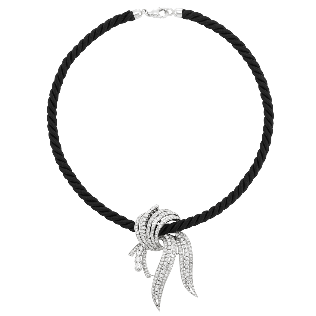 Lot image - White Gold and Diamond Pendant-Brooch with White Gold and Black Cord Necklace
