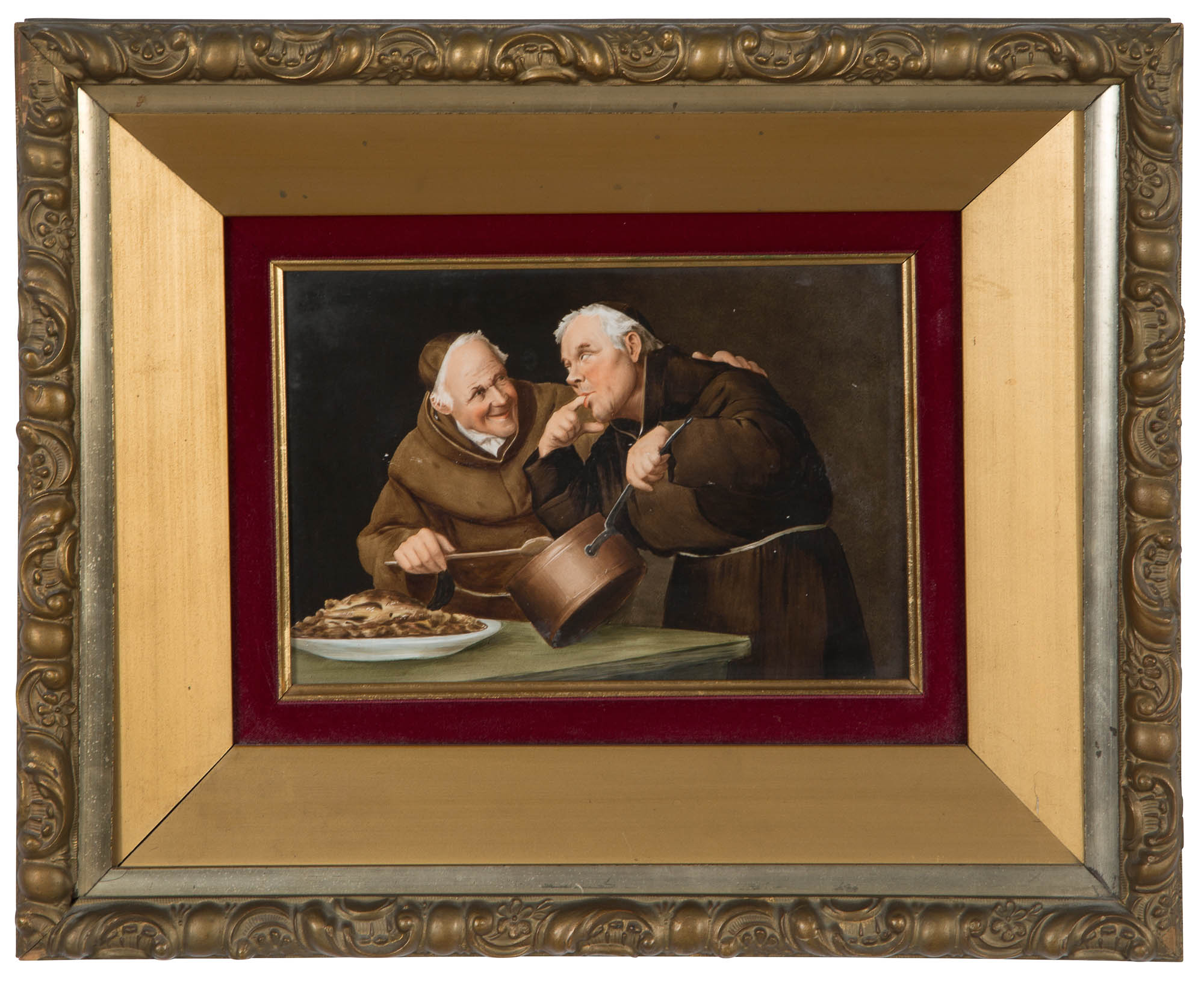 Lot image - Continental Framed Painted Porcelain Plaque Depicting Two Monks at Meal Time