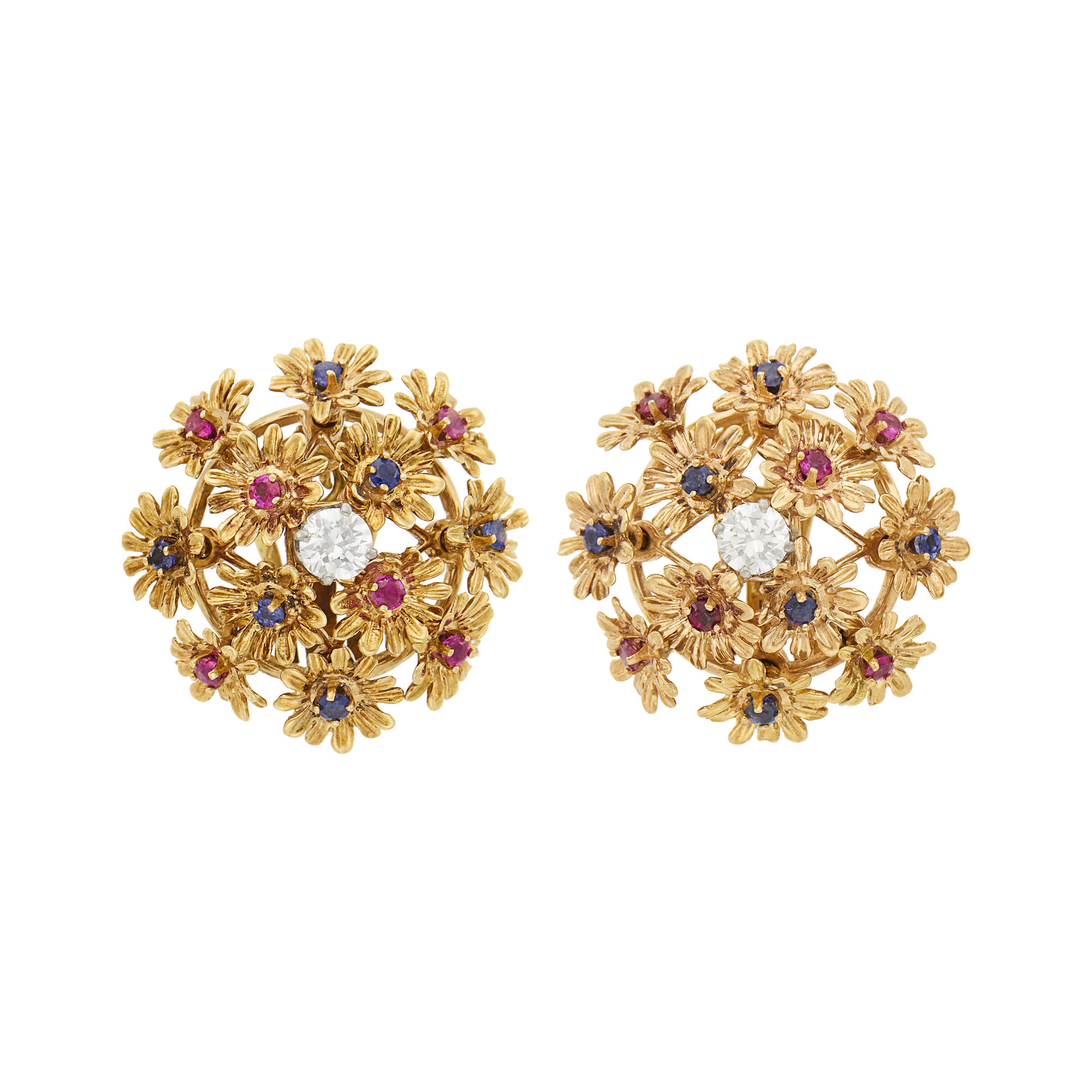 Lot image - Pair of Gold, Diamond, Ruby and Sapphire En Tremblant Floret Earclips