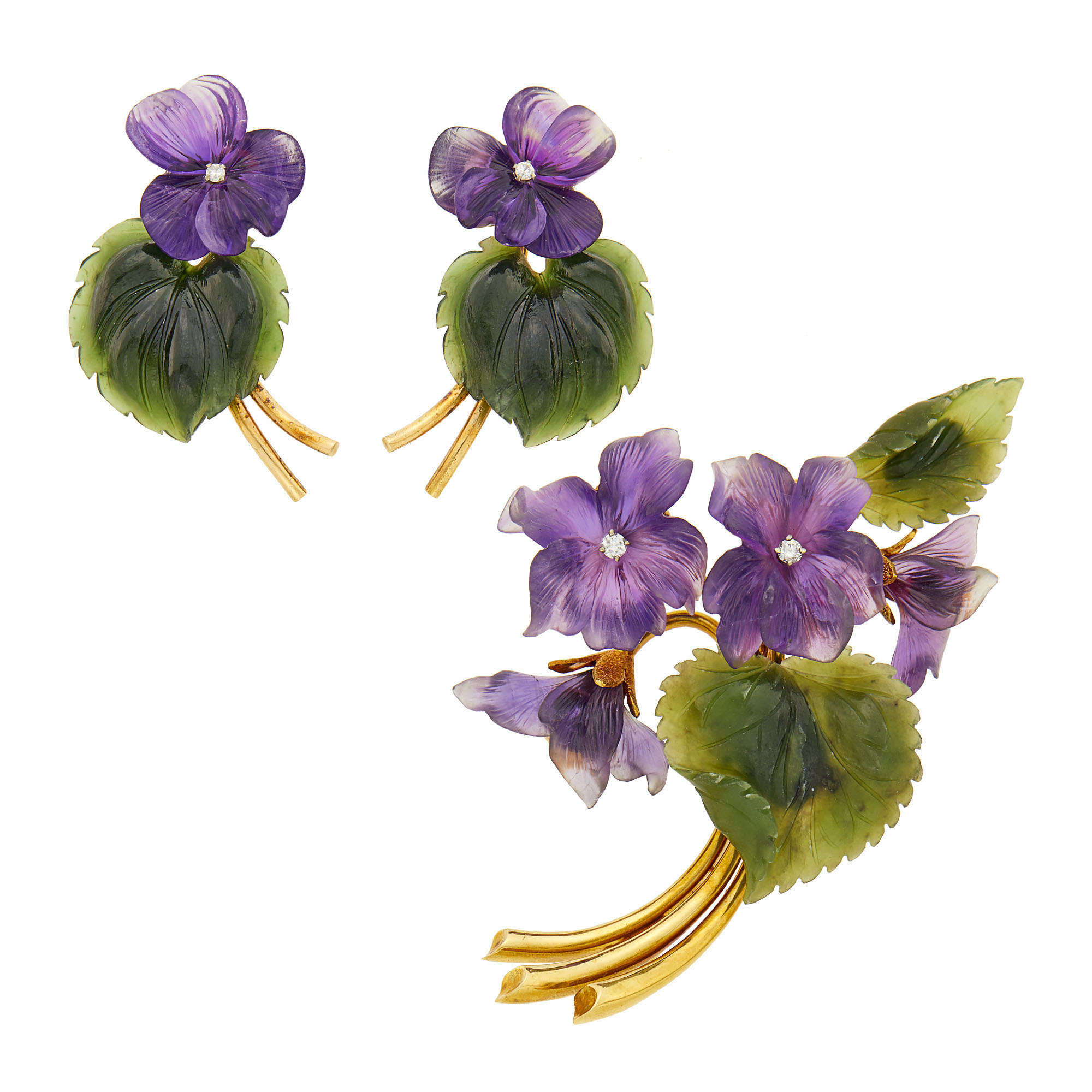 Lot image - Gold, Carved Hardstone and Diamond Flower Brooch and Pair of Earclips