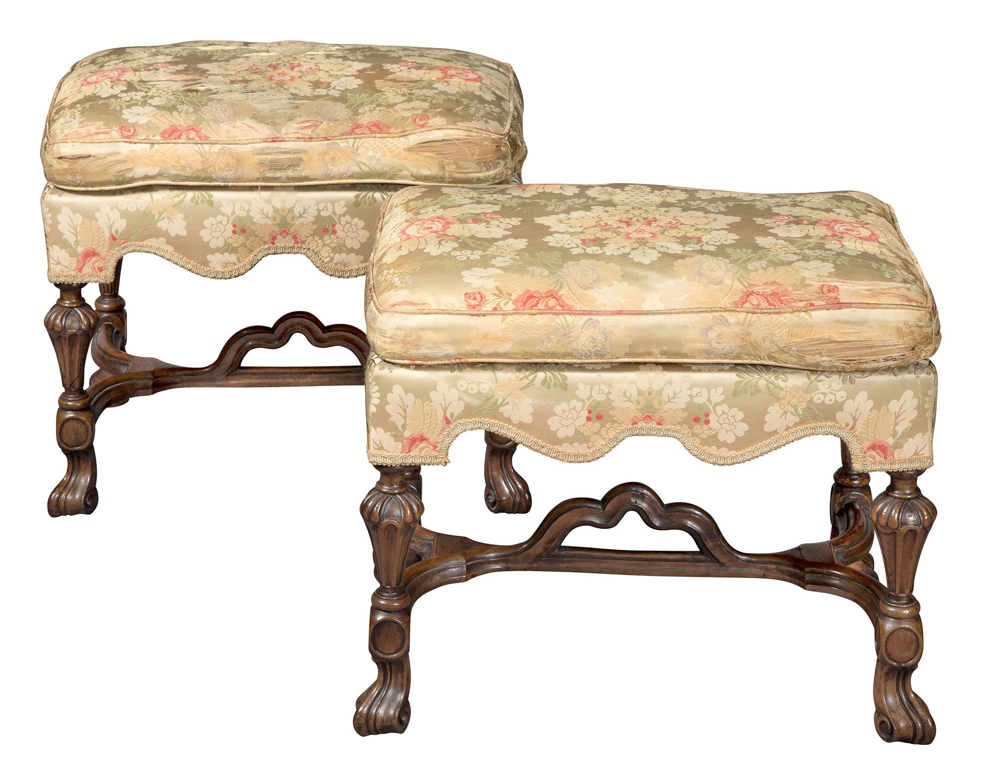 Lot image - Pair of William III Style Upholstered Walnut Stools