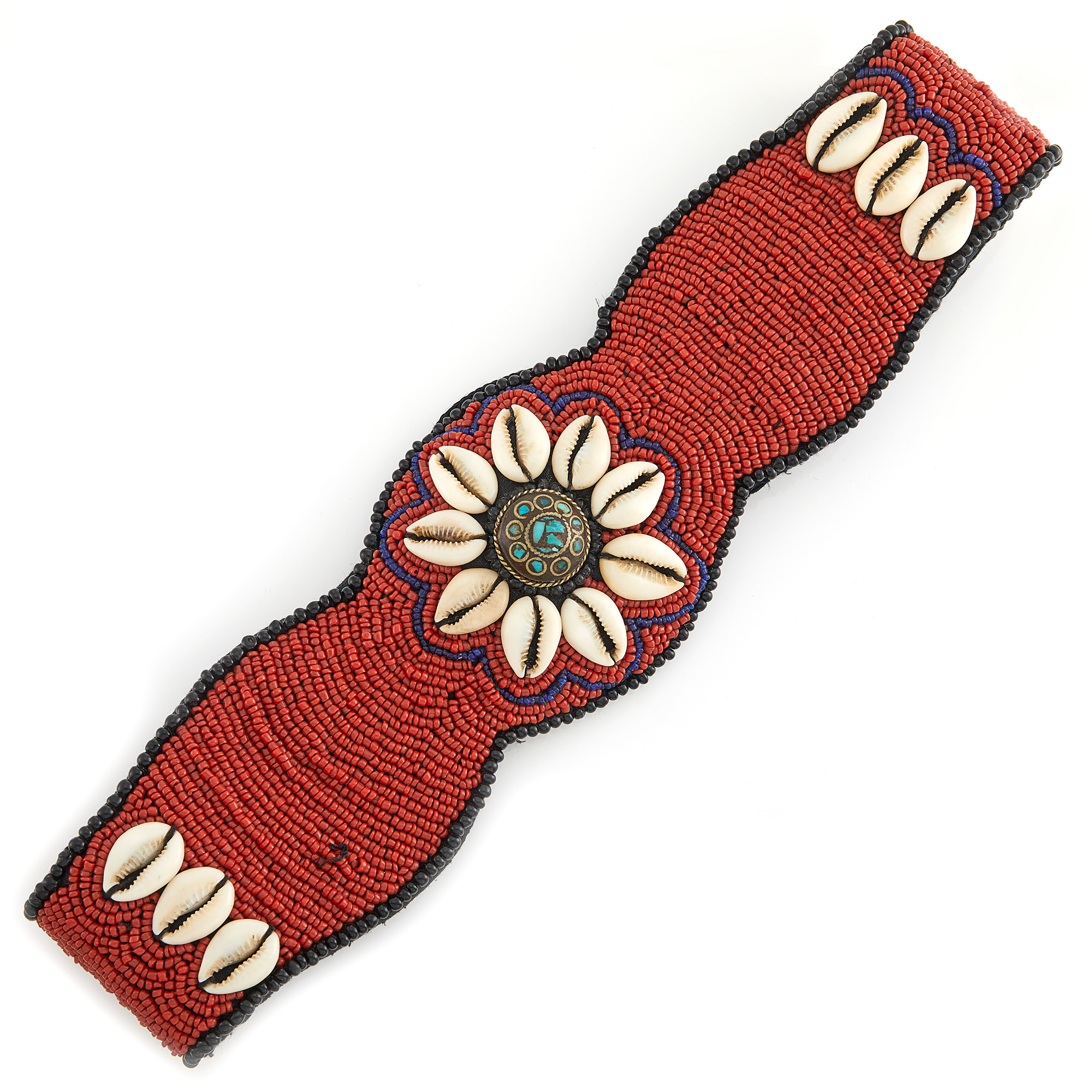 Lot image - Wide Fabric, Shell, Turquoise and Coral, Black Onyx and Glass Bead Belt