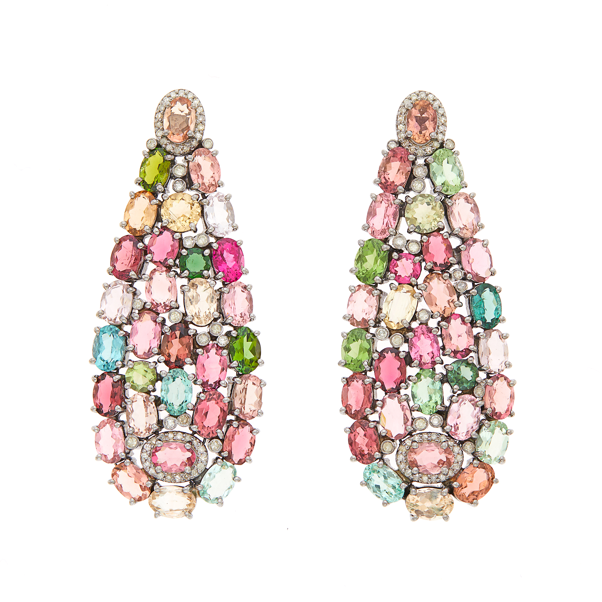 Lot image - Pair of Silver, Multicolored Tourmaline and Diamond Pendant-Earrings