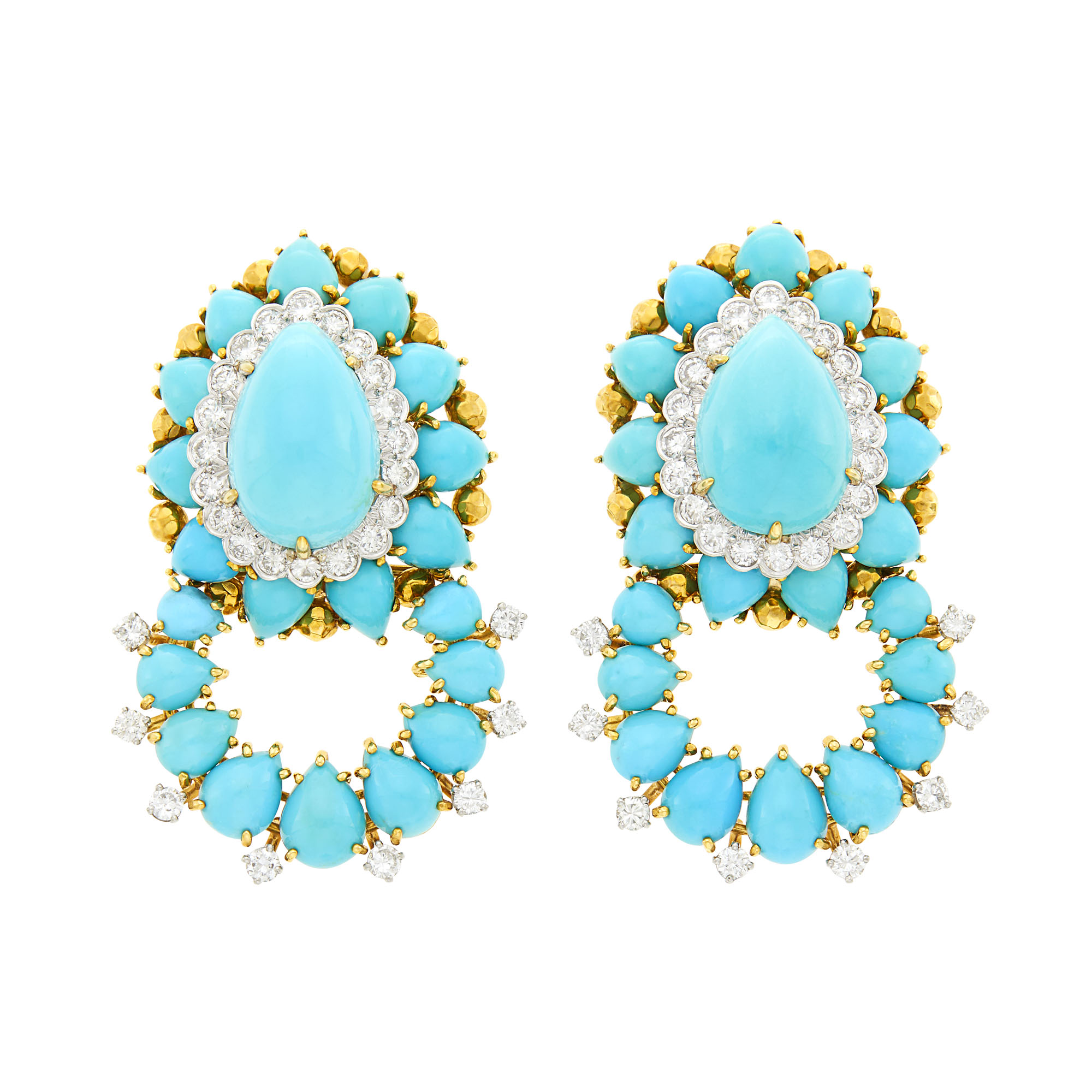 Lot image - David Webb Pair of Gold, Platinum, Turquoise and Diamond Hoop Pendant-Earclips