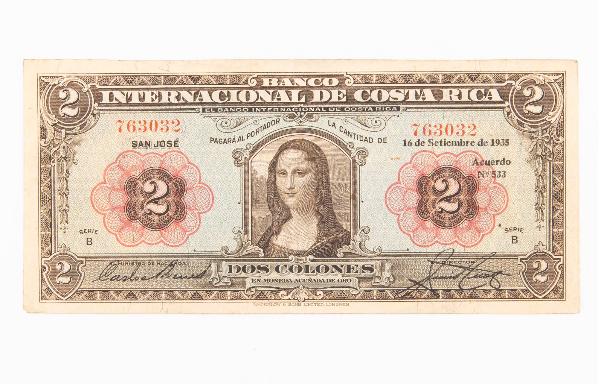 Lot image - Costa Rica 2 Colones 16.9.1935 Madona Banknote P# 167