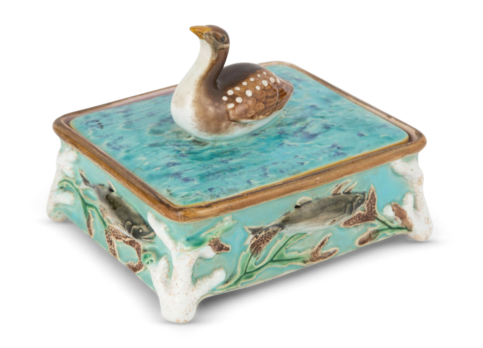 Lot image - George Jones Majolica Turquoise-Ground Duck and Fish Sardine Box and Cover