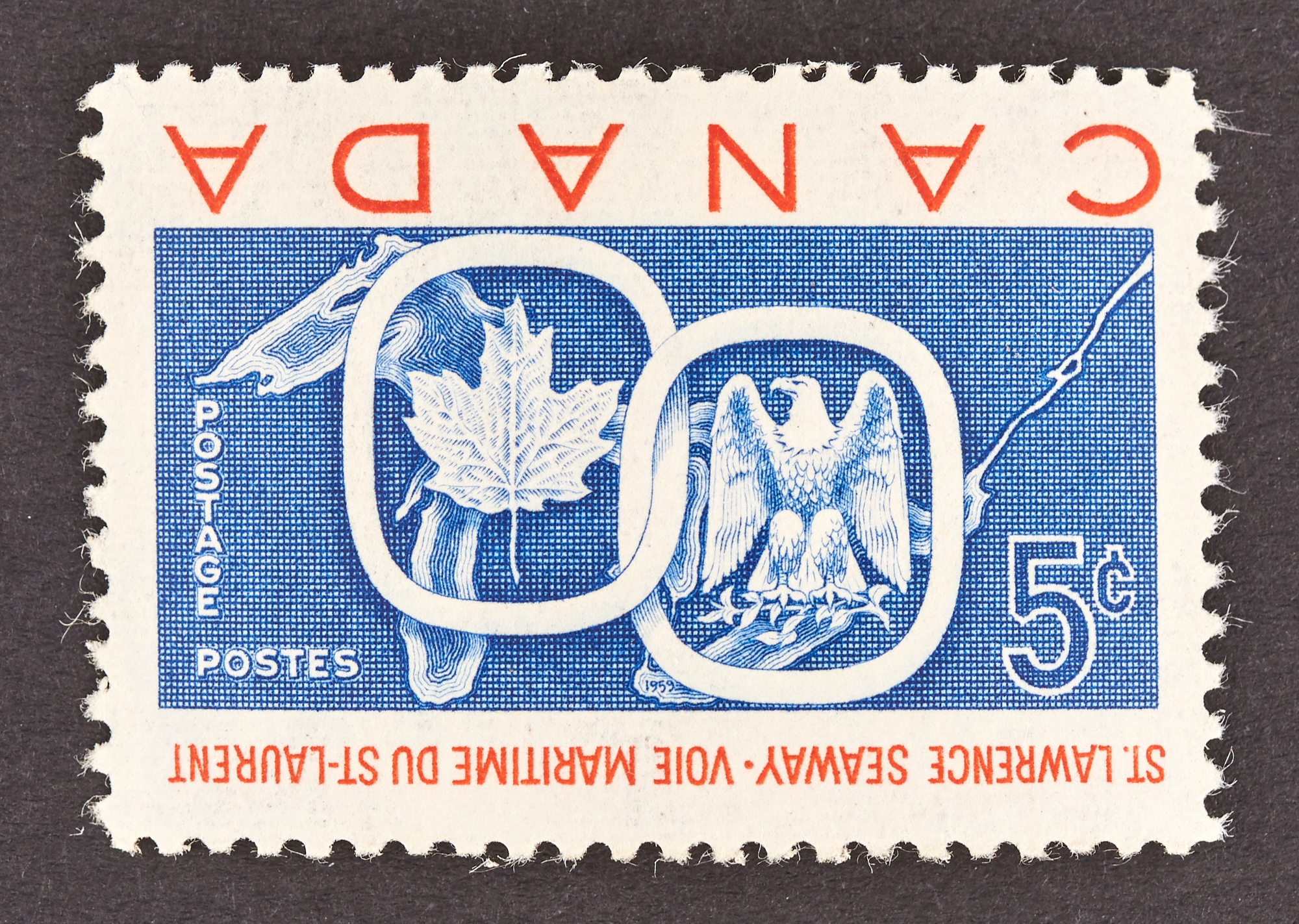 Lot image - Canada 1959 Seaway Blue Center Inverted, Scott 387a; SG 513a; Unitrade C$ 12,500