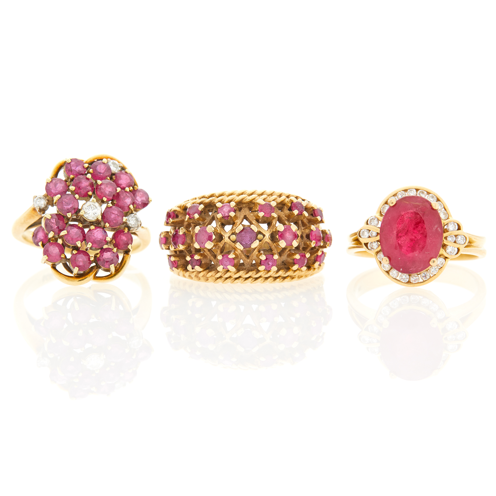 Lot image - Three Gold, Pink Tourmaline, Ruby and Diamond Rings