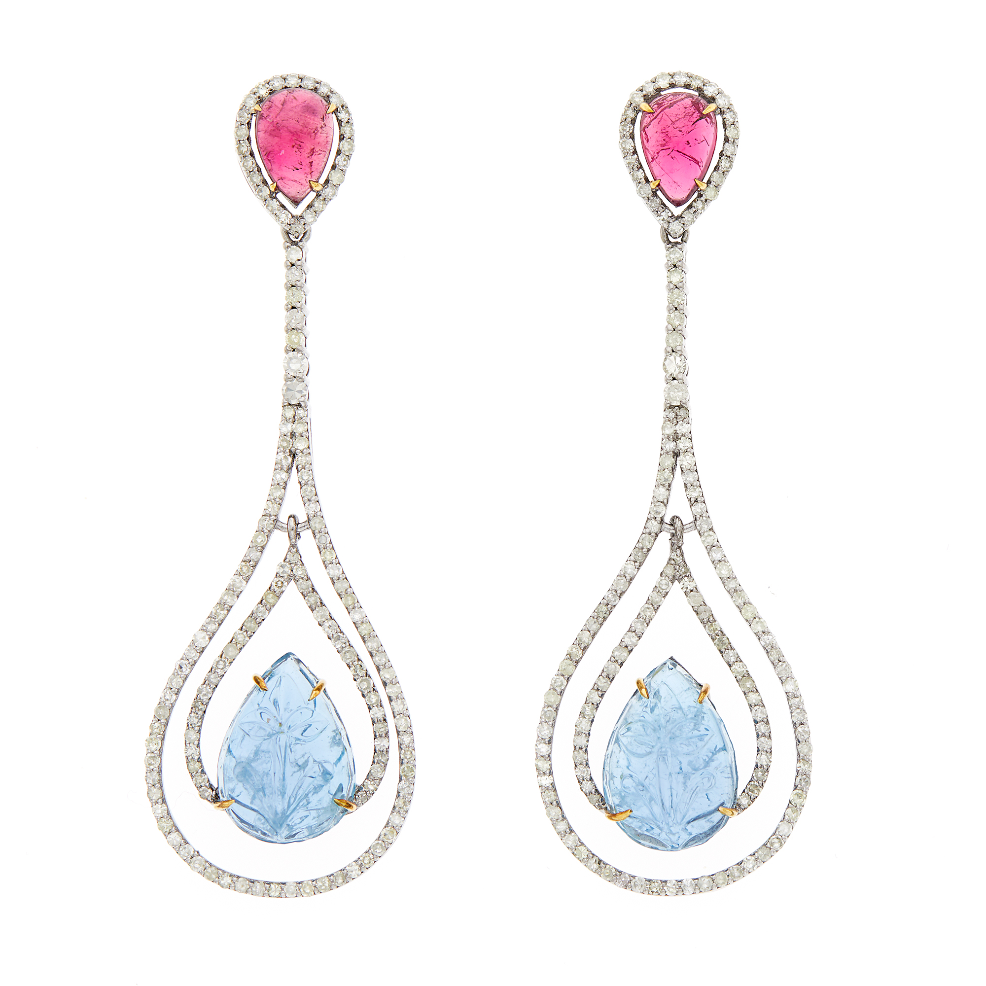 Lot image - Pair of Silver, Cabochon Pink Tourmaline, Carved Aquamarine and Diamond Pendant-Earrings